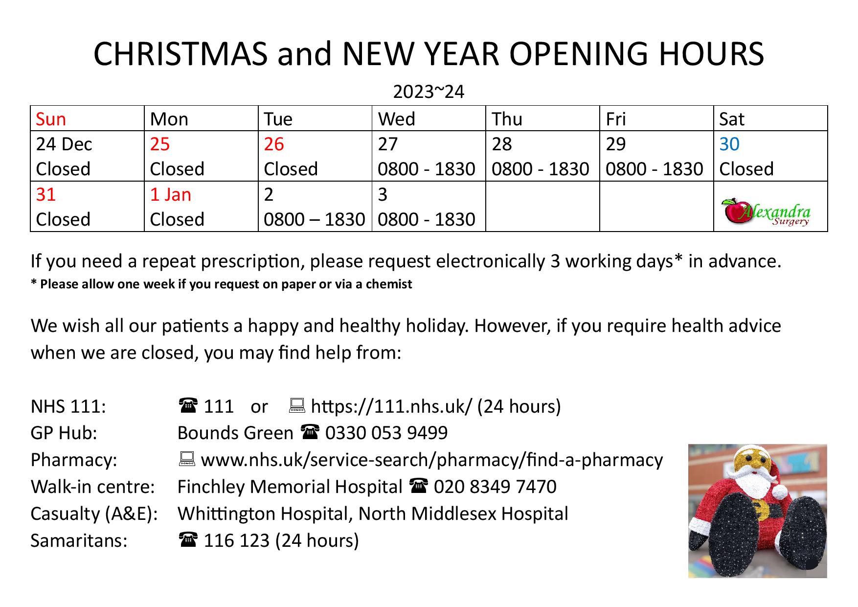 Christmas and New Year opening hours 2023-24